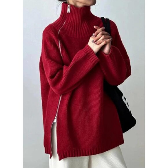 Women’s Red Oversized Turtleneck Zip Ribbed Knit Sweater Top - Picture 2 of 6